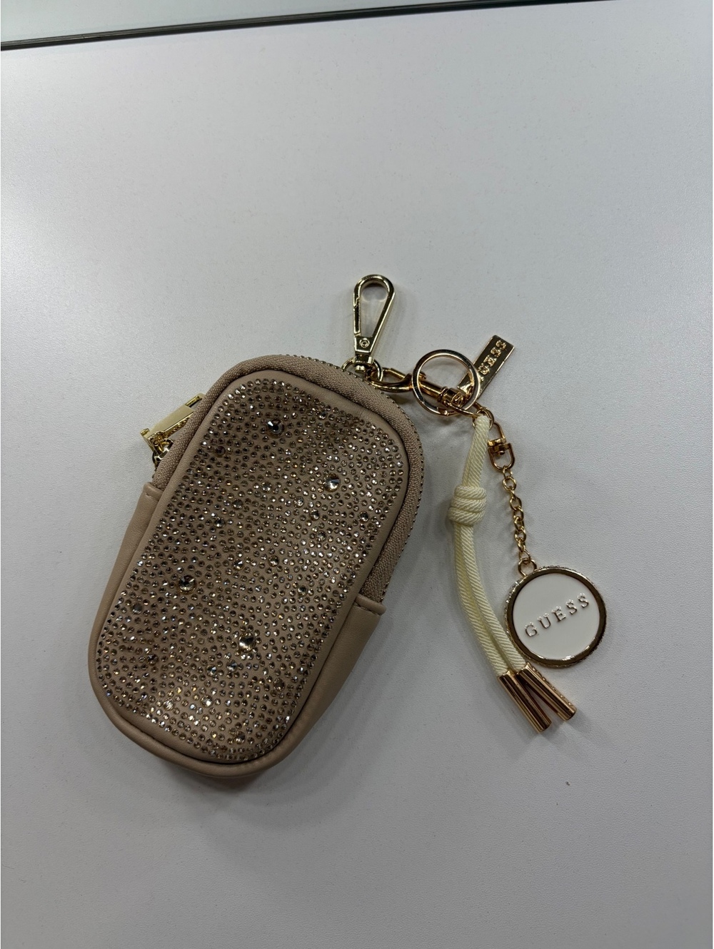 Guess Beige Rhinestone Embellished Keychain Pouch